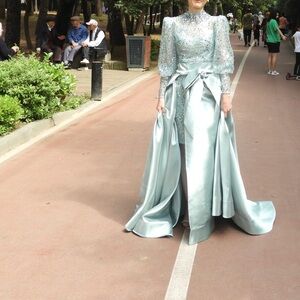 Elegant Light Blue Gown with Sequins